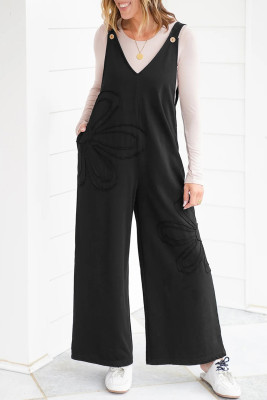Black Solid Color Raw Seam Big Flower Patched Loose Overall Jumpsuit LC7721133-P2