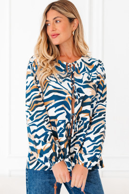 Blue Zebra Print Tied Front Puff Sleeve Top LC25133569-P520