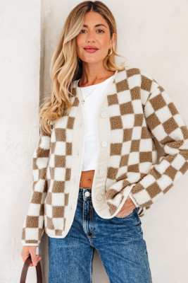 Brown Checkered Sherpa Buttoned Front Chunky Jacket LC8513762-P1720