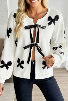 White Lace-up Bow Pattern Sweater Cardigan LC2712509-P1