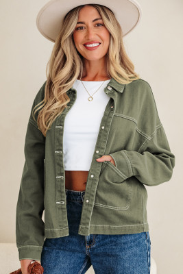 Smoke Green Patched Pocket Collared Button Front Boyfriend Denim Jacket LC788736-P2809