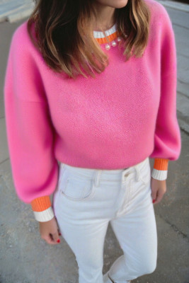 Sachet Pink Contrast Crew Neck Pearled Decor Drop Shoulder Knit Sweater LC2727409-P406