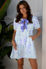 Sky Blue Leopard Contrast Bow Puff Sleeve Mini Dress