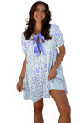 Sky Blue Leopard Contrast Bow Puff Sleeve Mini Dress