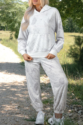 Light Grey Abstract Print Loose Drop Sleeve Hoodie Elastic Waistband 2pcs Pant Set LC25319545-P1011