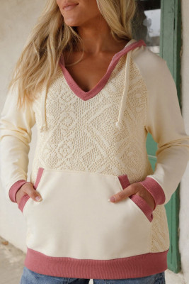 White Contrast Trim Crochet Knit Patchwork Exposed Seam Hoodie LC25319898-P101