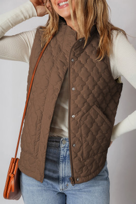 Dark Brown Flower Shape Quilted Snap Button Zip Up Winter Vest LC853503-P5017