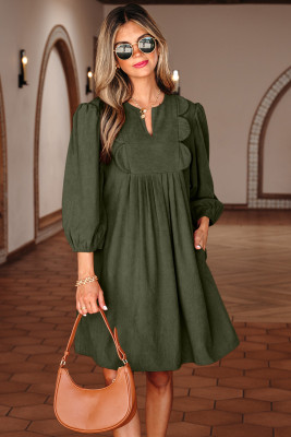 Moss Green Bracelet Sleeve Split Neck Scallop Detail Pleated Corduroy Mini Dress LC6125977-P1609