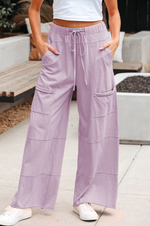 Pink Mineral Wash Exposed Seam Drawstring Elastic Waistband Wide Leg Cargo Pants LC7713445-P10