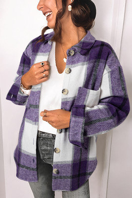 Purple Plaid Color Block Buttoned Long Sleeve Jacket with Pocket LC8511343-8