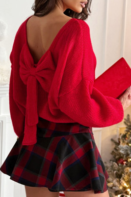 Fiery Red Festive Bow Backless Bubble Sleeve Sweater LC2727727-P3