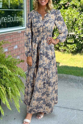 Sky Blue Floral Print Smocked High Waist Long Sleeve Maxi Dress LC6126685-P420