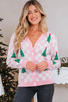 Pink Checkered Christmas Tree Pattern Button V Neck Cardigan Sweater LC2712512-P1020
