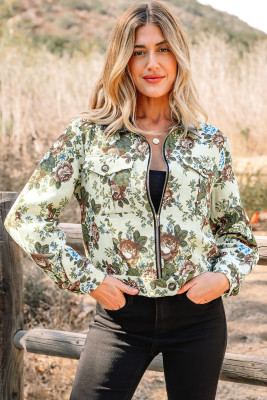 Khaki Floral Print Zip Up Contrast Collared Jacket LC8513751-P1620