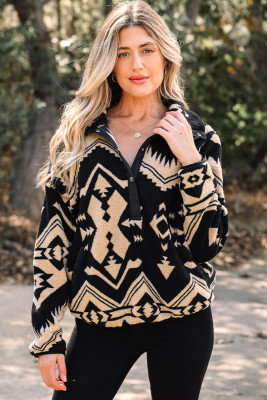 Black Western Aztec Half Placket Plush Sweatshirt LC25319706-P222
