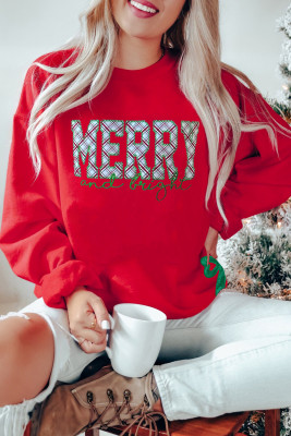 Fiery Red Merry and Bright Plaid Embroidered Letter Graphic Sequin Bow Decor Christmas Sweatshirt LC25320360-P3