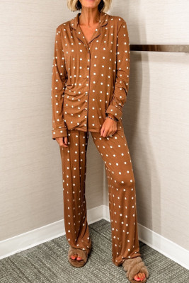 Brown Polka Dot Print Long Sleeve Shirt Pant 2pcs Pajama Set LC151816-P1720