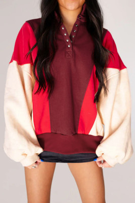 Fiery Red Color Block Patchwork Snap Button Polo Sweatshirt LC25320518-P3