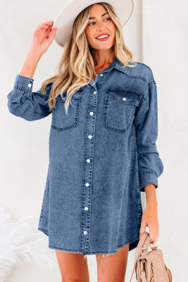 Blue Beau Chest Pocket Raw Hem Denim Loose Shirt Dress LC7861056-P305