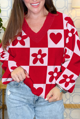 Fiery Red V Neck Flower Heart Detail Checkered Knit Loose Sweater LC2727887-P3
