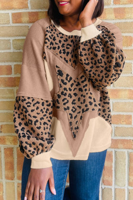 Light French Beige Leopard Star Color Block Patchwork Textured Baggy Sweatshirt LC25320480-P4016