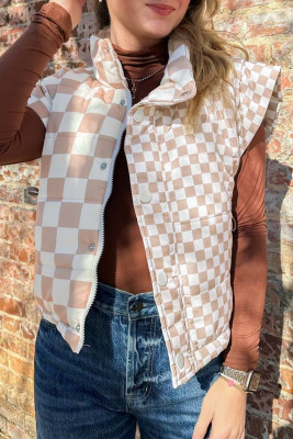 Khaki Contrast Plaid Quilted Button Zip Up Vest LC853628-P1620