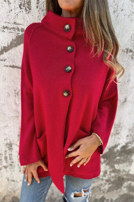 Fiery Red Collared Button Front Wrapped Cardigan Jacket LC2712603-P3