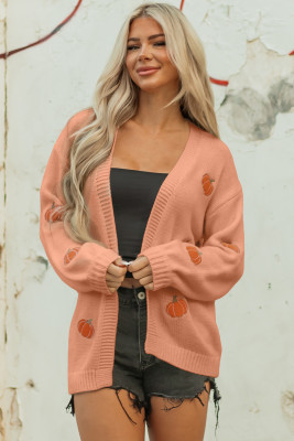 Straw Yellow Pumpkin Print Open Front Drop Shoulder Midi Cardigan LC2712487-P8016