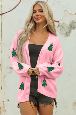 Light Pink Christmas Tree Print Open Front Drop Shoulder Midi Cardigan LC2712487-P1010