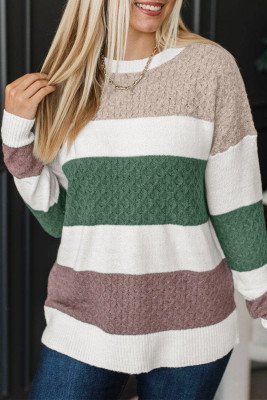 Green Mixed Texture Knit Striped Color Block Loose Sweater LC2727712-P922
