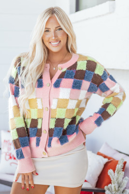 Multicolour Plush Checkered Pattern Button Front Cardigan Sweater LC2712393-P22