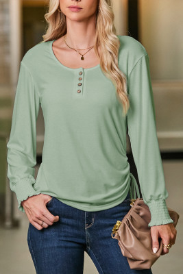 Smoke Green U Neck Smocked Cuffs Side Drawstring Henley Top LC25128512-P2809