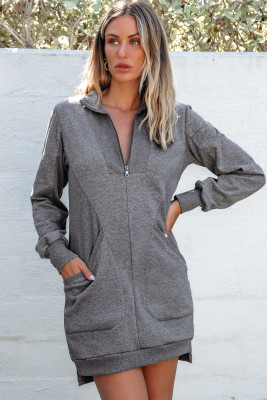 Dark Grey Zip up Collared Ribbed Patchwork Sweatshirt Dress with Pockets LC6121420-P2011