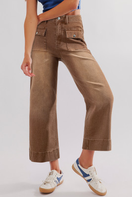 Brown Flap Pockets Front Straight Cropped Jeans LC7875091-P17