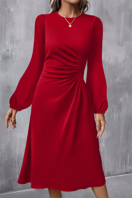Fiery Red Solid Color Ruched Detail Long Sleeve Midi Dress LC6121611-P3