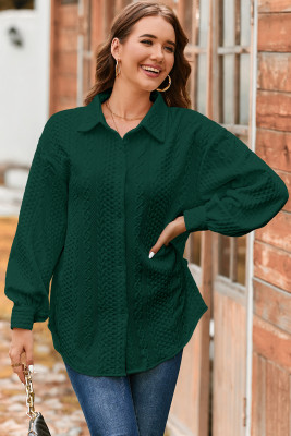 Blackish Green Cable Texture Puff Sleeve Loose Shacket LC2555155-P309