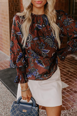 Brown Autumn Floral Print Smocked Cuffs Shift Blouse DLM2513239338-P1720