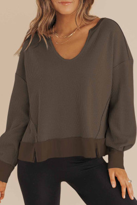 Dark Brown Waffle Knit Notched V Neck Drop Shoulder Solid Sweatshirt LC25122167-P5017