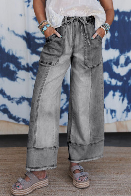 Gray Drawstring Seam Detail Raw Hem Wide Leg Denim Pants LC7875925-P11