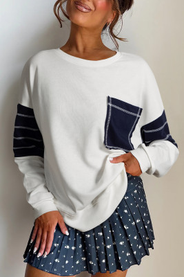 White Exposed Seam Detail Color Block Patch Pocket Drop Shoulder Sweatshirt LC25320292-P101