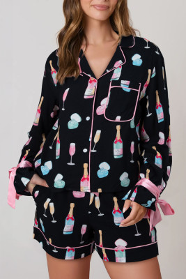 Color black Christmas Wine Glass Print Bow Knot Two Piece Pajama Set LC151149-P202