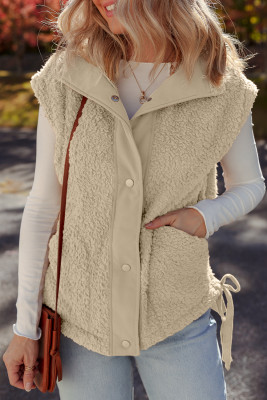 Beige Faux Fur Snap Button Front Knot Side Plush Vest with Pockets LC853515-P15