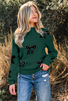 Blackish Green Pearl Embellished Bow Pattern Loose Sweater LC2726663-P309