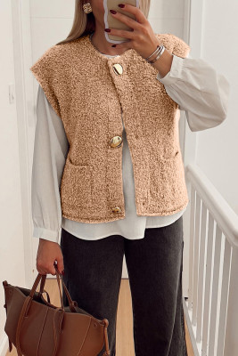 Light French Beige Big Button Accent Fuzzy Pocket Vest LC853541-P4016