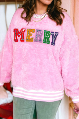 Sachet Pink Sequin Chenille MERRY Graphic Plush Pullover LC25133714-P406