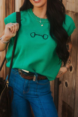 Bright Green Horse Bit Embroidered Loose Short Sleeve Sweater LC2727531-P109