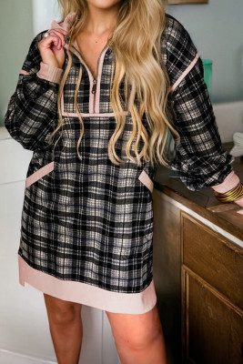 Black Plaid Polo Collar Zip up Contrast Trim Shift Long Sleeve Mini Dress LC6126488-P220