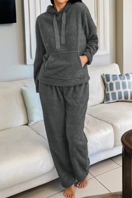 Medium Grey Fuzzy Drawstring Hoodie Lounge Pants 2pcs Set LC151775-P3011