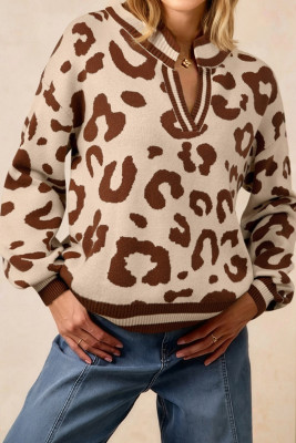Light French Beige Leopard Printed Knit V Neck Casual Sweater LC2727888-P4016
