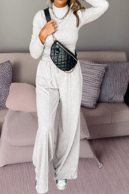 Light Grey Long Sleeve High Neck Slim Top Smocked Waist Central Seam Pants Set LC627899-P1011